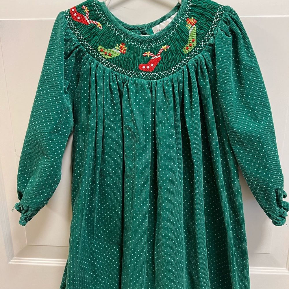 Rare Editions 4T green smocked dress with the cutest stockings stitched on top!